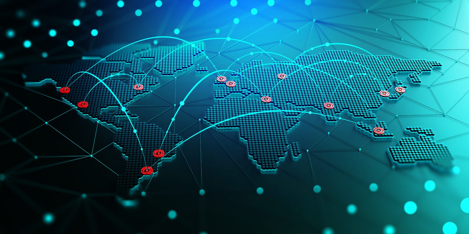 Abstract map of continents. Globalization and geopolitics in high-tech world of future. 3D illustration of communications and data exchange in a virtual network. Bright, juicy, neon colors